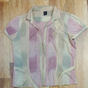 Vintage GAP Pink and Cream Striped Blouse with‎ Floral Detail